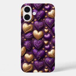 FUNDA iPhone 16 PLUS PURPLE Y GOLD VALENTINE LOVE HEARTS