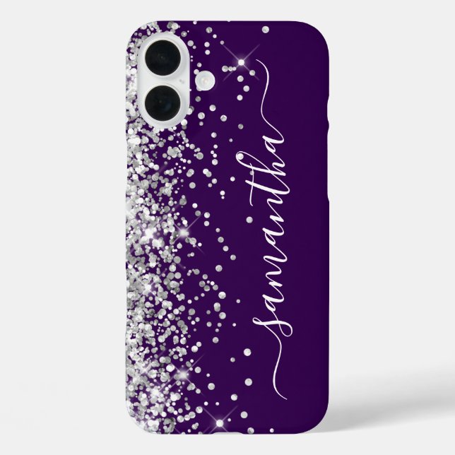 Funda iPhone 16 Plus Purpurina de plata firma morada oscura de la chica (Reverso )