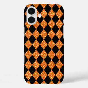 Funda iPhone 16 Plus Purpurina NEGRO Y NARANJA MIRAR PATRÓN HALLOWEEN