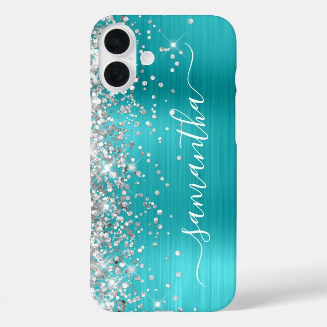 Funda iPhone 16 Plus Purpurina plateado Aqua Blue Metallic Girly Signat (Reverso )