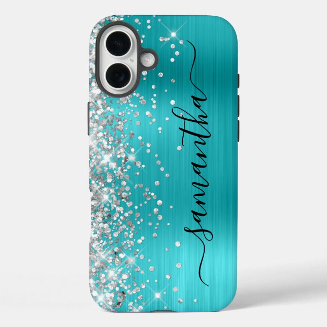 Funda iPhone 16 Plus Purpurina plateado Aqua Metallic Girly Black Signa (Reverso )