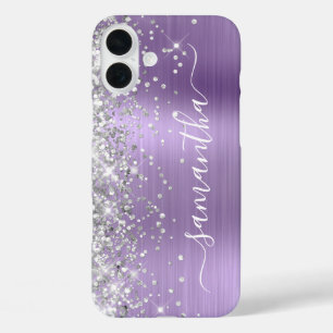 Funda iPhone 16 Plus Purpurina plateado luz morado metal Girly