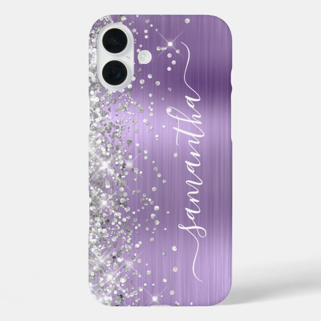 Funda iPhone 16 Plus Purpurina plateado luz morado metal Girly (Reverso )
