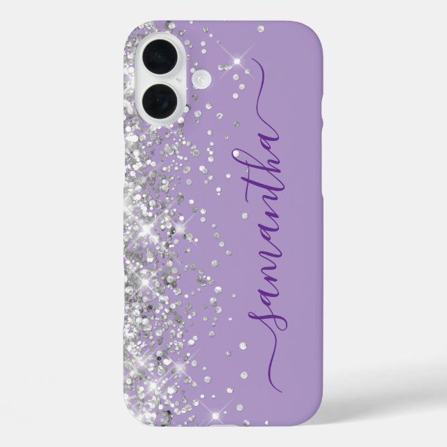 Funda iPhone 16 Plus Purpurina plateado Pale Purple Girly Signature (Reverso )