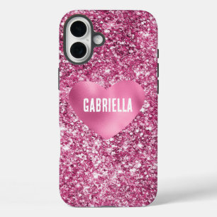 Funda iPhone 16 Plus Purpurina rosa bonito Glam Heart