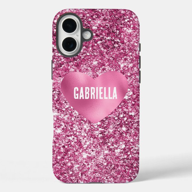 Funda iPhone 16 Plus Purpurina rosa bonito Glam Heart (Reverso )
