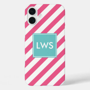 Funda iPhone 16 Plus Rayas diagonales rosas y acuáticas monograma