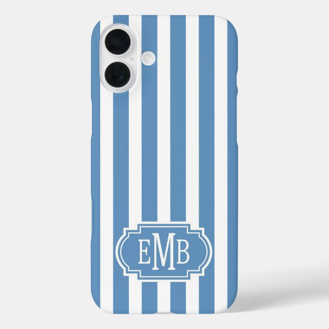 Funda iPhone 16 Plus Rayas Monogramadas Azules y Blancas (Reverso )