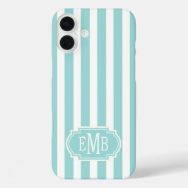 Funda iPhone 16 Plus Rayas Monogramadas de Aqua y Blanco