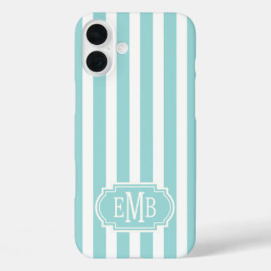 Funda iPhone 16 Plus Rayas Monogramadas de Aqua y Blanco