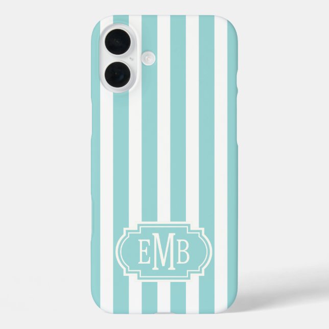 Funda iPhone 16 Plus Rayas Monogramadas de Aqua y Blanco (Reverso )
