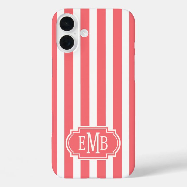Funda iPhone 16 Plus Rayas Monogramadas de Coral y Blanco (Reverso )