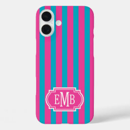 Funda iPhone 16 Plus Rayas Monogramadas Rosa Fucsia y Turquesa