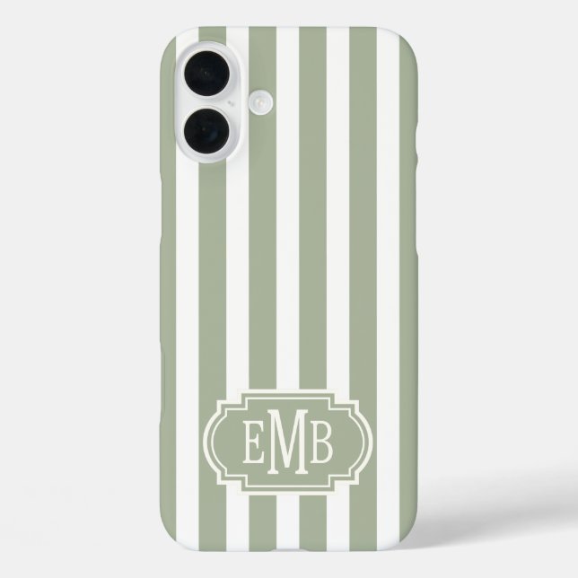 Funda iPhone 16 Plus Rayas Monogramadas Verde Salvia y Blanco (Reverso )