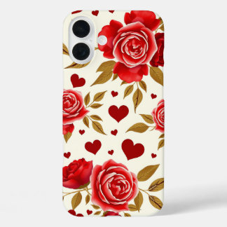 Funda iPhone 16 Plus Red Roses and Gold Leaves