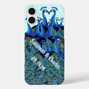 Funda iPhone 16 Plus Regalos de boda de pavos reales vintage besándose