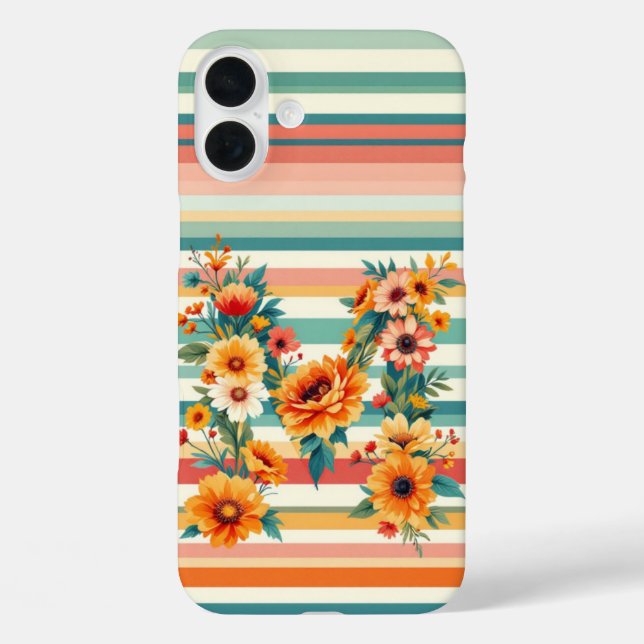 Funda iPhone 16 Plus Retro de bandas de flor (M) (Reverso )