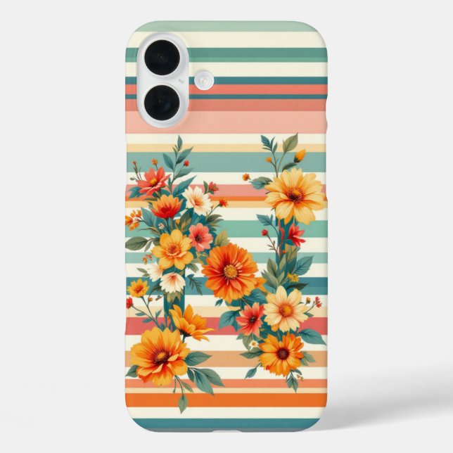 Funda iPhone 16 Plus Retro de bandas de flor (N) (Reverso )