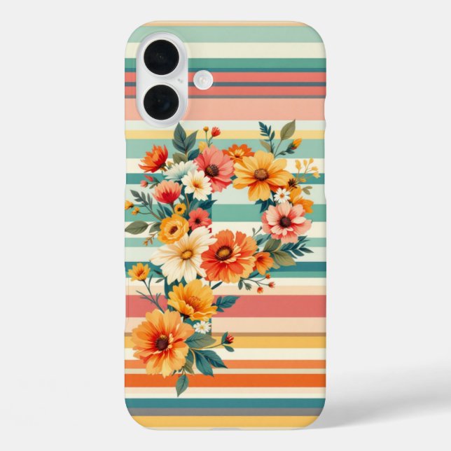 Funda iPhone 16 Plus Retro de bandas de flor (P) (Reverso )
