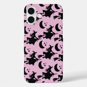FUNDA iPhone 16 PLUS ROSA CON BROMAS NEGRAS VOLANDO SOBRE BROOKSTICKS
