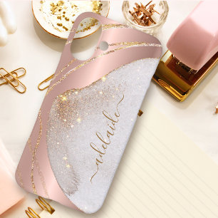 Funda iPhone 16 Plus Rosa de moda Purpurina de oro cepillado nombre de