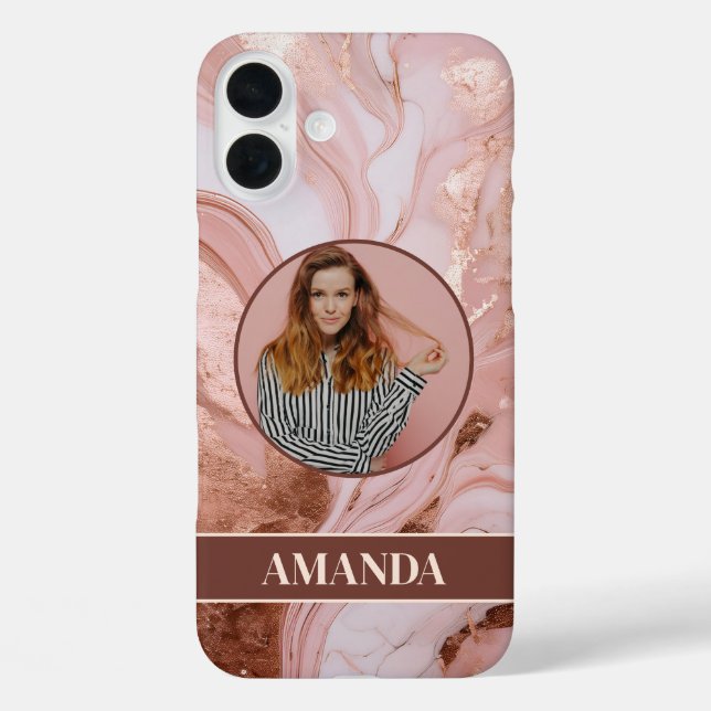 Funda iPhone 16 Plus Rosa de moda Purpurina de oro Foto de mármol (Reverso )