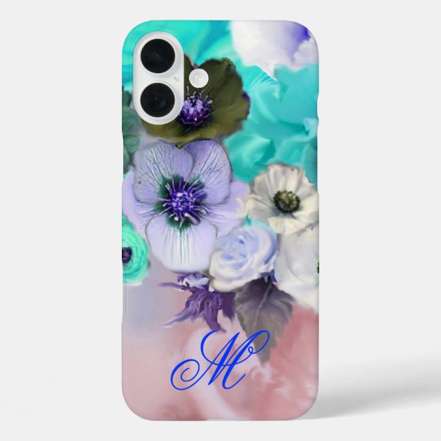 FUNDA iPhone 16 PLUS ROSA TEAL AZUL Y FLORES DE ANÉMONA BLANCAS MONOGRA (Reverso )