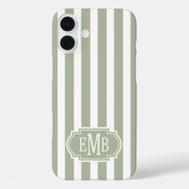 Funda iPhone 16 Plus Sage Green and White Monogrammed Stripes
