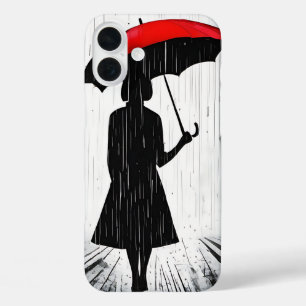 Funda iPhone 16 Plus "Scarlet Umbrella" Rain Silhouette Art