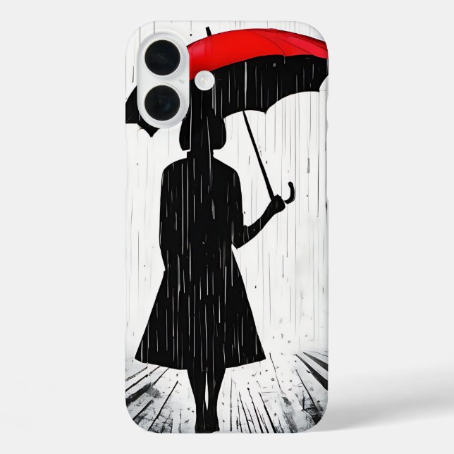 Funda iPhone 16 Plus "Scarlet Umbrella" Rain Silhouette Art (Reverso )