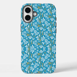 Funda iPhone 16 Plus Seamless Floral Pattern: White and Gold on Blue