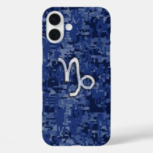 Funda iPhone 16 Plus Signo zodiacal Capricornio en camuflaje azul marin