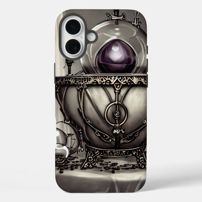 Funda iPhone 16 Plus Silvery Ornate Cauldron con bola de cristal morado (Reverso )