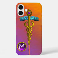 SÍMBOLO MÉDICO CADUCEO DE ORO Monograma Gema púrpu