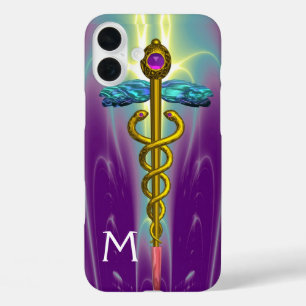 Funda iPhone 16 Plus SÍMBOLO MÉDICO CADUCEUS DE ORO Monograma Púrpura V