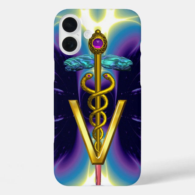 Funda iPhone 16 Plus SÍMBOLO VETERINARIO CADUCEUS DE ORO / Azul Púrpura (Reverso )