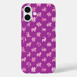 Funda iPhone 16 Plus Símbolos zodiacos, fondo púrpura medio