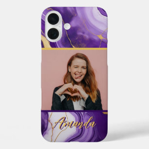 Funda iPhone 16 Plus Sofisticada foto de mármol morado y dorado