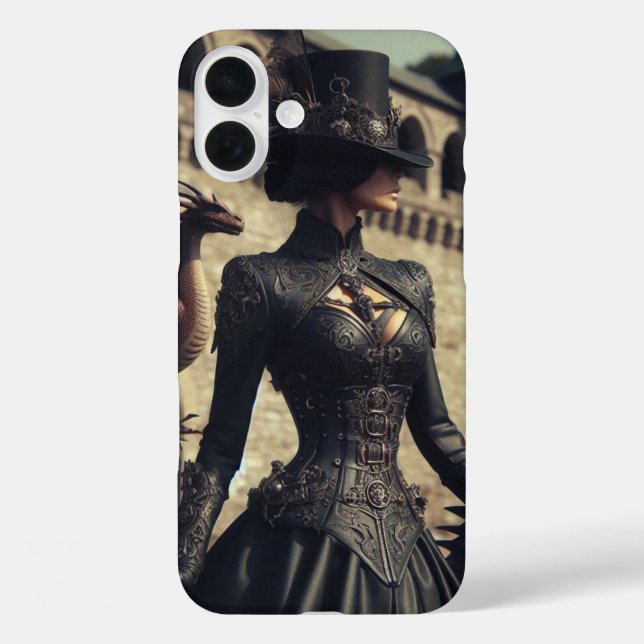 Funda iPhone 16 Plus Steampunk Victorian Industrial Lady Dragon Rider (Reverso )