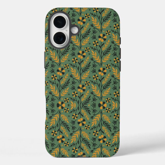 Funda iPhone 16 Plus Stylized botanical orange and black floral pattern (Reverso )