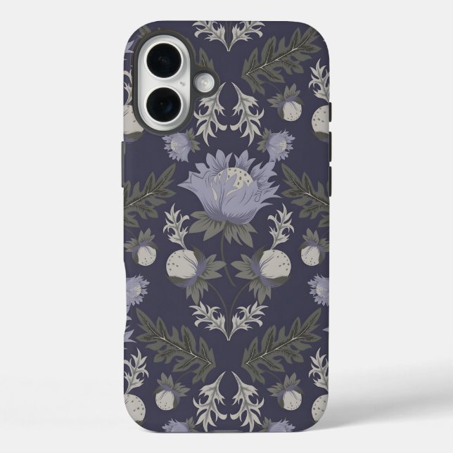 Funda iPhone 16 Plus Symmetrical dark purple floral pattern (Reverso )