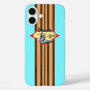 Funda iPhone 16 Plus Tandem Surfing Hawaiano Faux Wood Aqua Surfboard