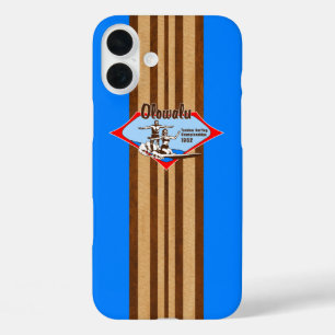 Funda iPhone 16 Plus Tandem Surfing Hawaiano Faux Wood Blue Surfboard