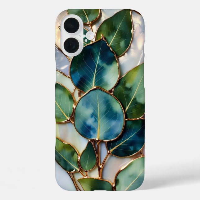Funda iPhone 16 Plus Teal Green Leaf Stained Glass Phone Case (Reverso )