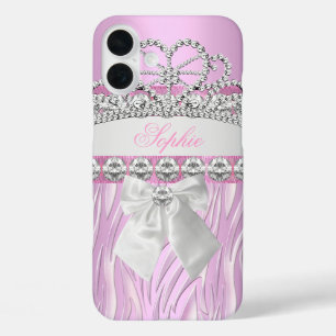 Funda iPhone 16 Plus Tiara de Princesa Rosa Cebra Diamante Chica