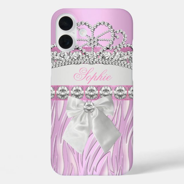 Funda iPhone 16 Plus Tiara de Princesa Rosa Cebra Diamante Chica (Reverso )