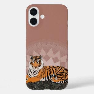 Funda iPhone 16 Plus tigre de bengala mandala rosa cobre