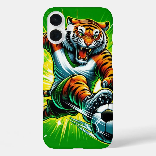 Funda iPhone 16 Plus Tigre energético jugando al fútbol (Reverso )