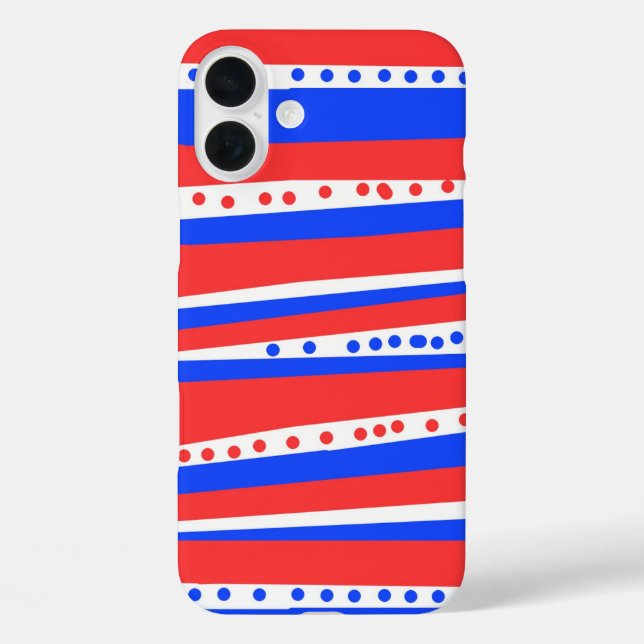 Funda iPhone 16 Plus Tiras de Círculos Azules Rojos Festibles (Reverso )