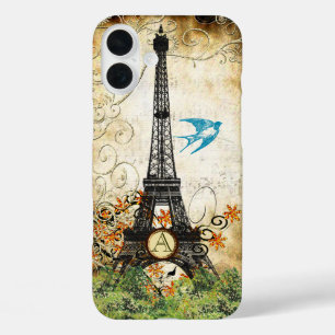 Funda iPhone 16 Plus Torre Eiffel de pájaro vintage monograma